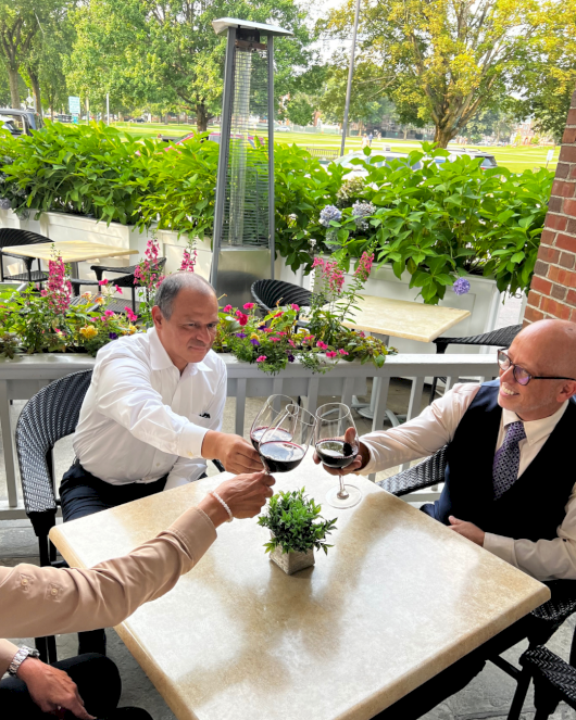 Two people toast glasses of red wine at an outdoor restaurant with green plants and flowers, enjoying a cheerful moment.