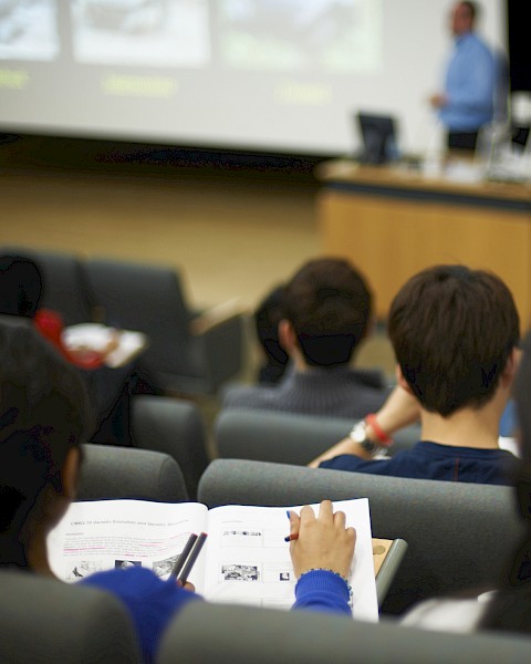 Students are sitting in a lecture hall, attentively watching a presentation on a screen, with notes and materials in hand.