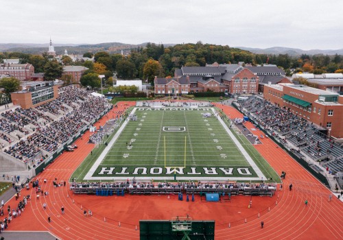 Aerial view of a football stadium with a track, marked 