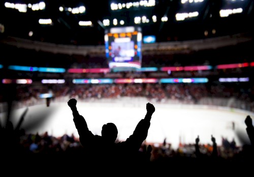 A person with raised arms celebrates at an ice hockey game in a stadium, with a scoreboard and blurred crowd in the background.