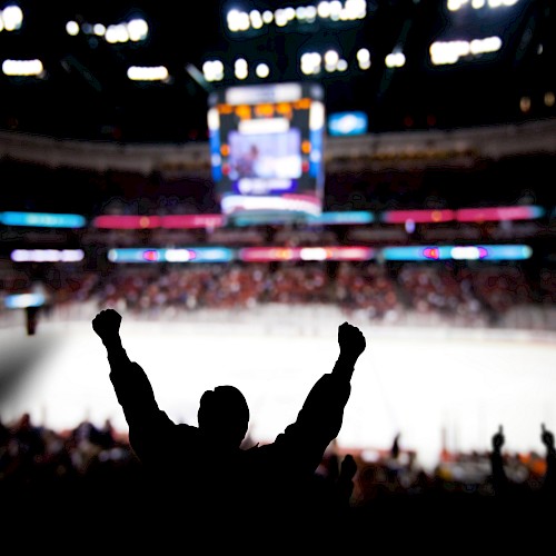 A person with raised arms celebrates at an ice hockey game in a stadium, with a scoreboard and blurred crowd in the background.