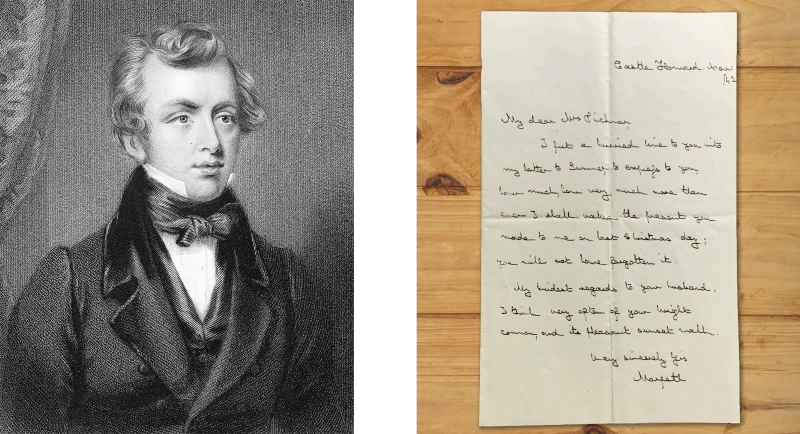 (left) Portrait of Lord Morpeth; (right) Thank you note from Morpeth to Anna Eliot Ticknor, December 1842