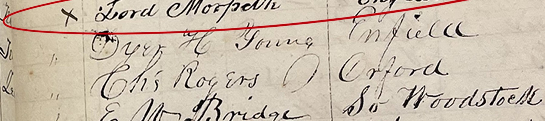 An old ledger listing names and residences, with 
