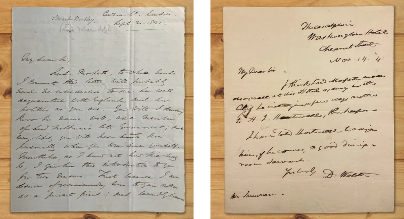 (left) Letter of Introduction to Daniel Webster, Sept. 30, 1841; (right) Letter from Daniel Webster to Charles Sumner, suggesting hotel arrangements for Lord Morpeth in Philadelphia