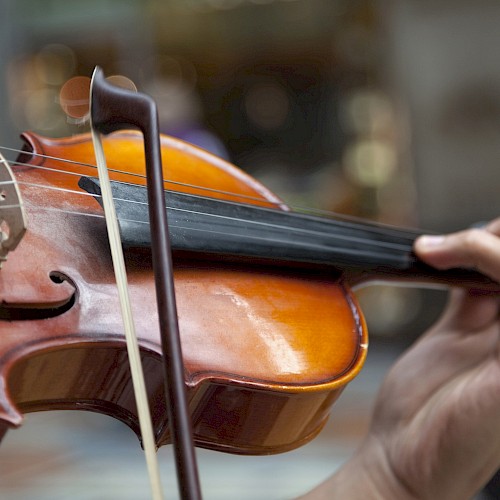 A close-up of a person playing a violin, focusing on the strings and the bow in motion against a blurred background.