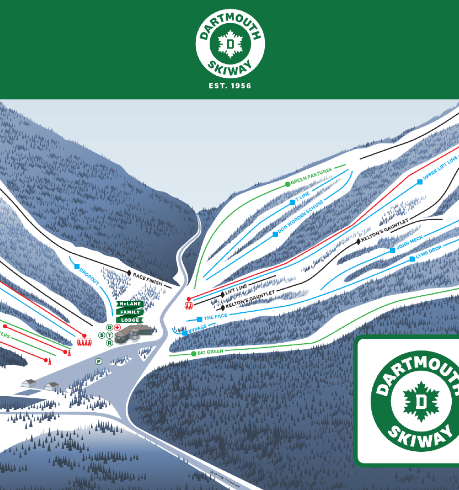 This is a detailed ski trail map of Dartmouth Skiway, showing various ski runs, lift lines, facilities, and difficulty levels.