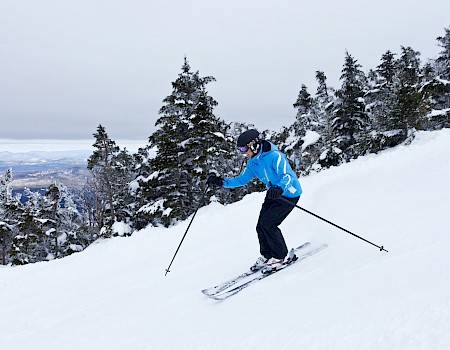 A person in a blue jacket is skiing down a snowy slope with trees in the background, showcasing a winter scene with overcast skies.