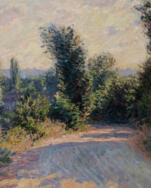 Impressionist painting of a winding path with trees and a rocky wall, capturing light and shadow, evokes tranquility.
