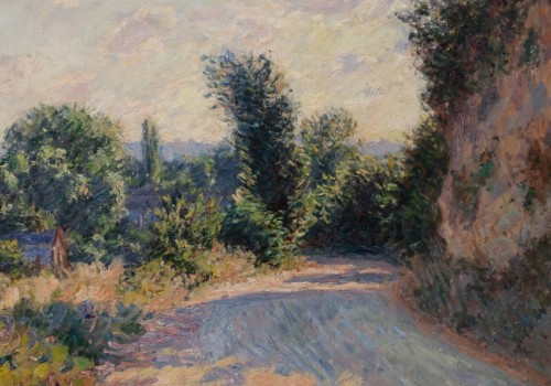 Impressionist painting of a winding path with trees and a rocky wall, capturing light and shadow, evokes tranquility.
