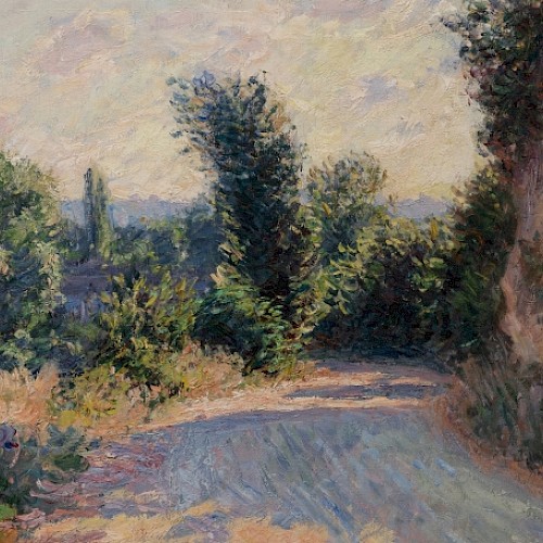 Impressionist painting of a winding path with trees and a rocky wall, capturing light and shadow, evokes tranquility.