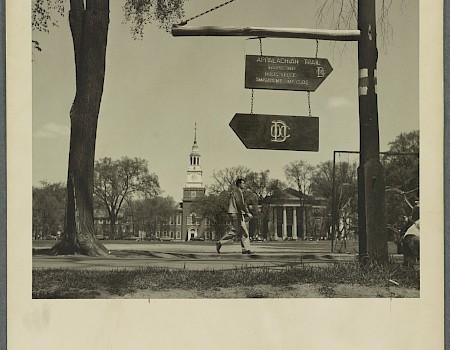 The image shows a path with a directional signpost, tall trees, and a building with a tower in the background, under a clear sky.