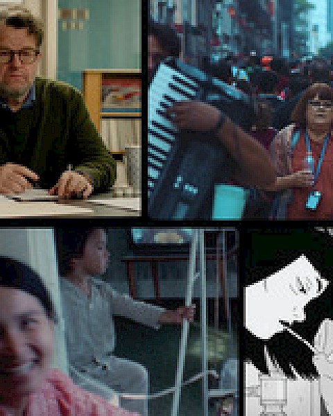 The image features a collage: a person at a desk, a crowd with an accordion player, people in motion blur, and a black-and-white illustration.
