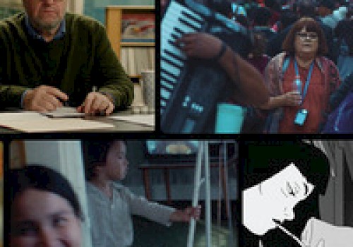 The image features a collage: a person at a desk, a crowd with an accordion player, people in motion blur, and a black-and-white illustration.