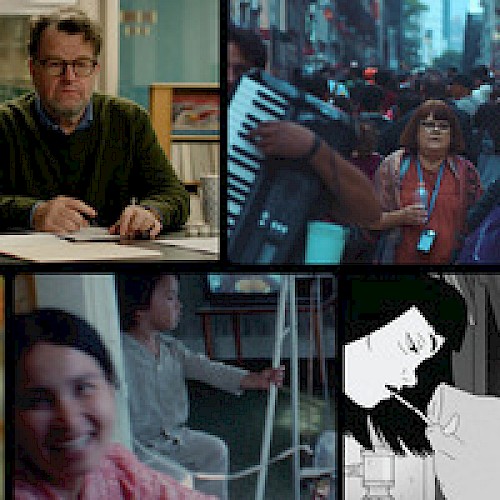 The image features a collage: a person at a desk, a crowd with an accordion player, people in motion blur, and a black-and-white illustration.