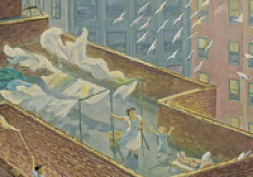 The image shows people doing laundry on a rooftop, with colorful sheets billowing in the wind and birds flying around.