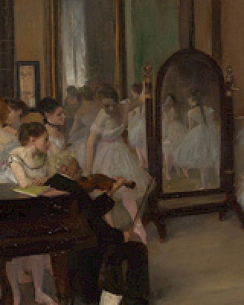 The image depicts ballet dancers in a rehearsal room, with some seated and a violinist playing, reflected in a tall mirror.