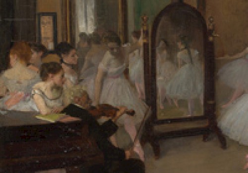 The image depicts ballet dancers in a rehearsal room, with some seated and a violinist playing, reflected in a tall mirror.