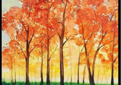A painting of autumn trees with vibrant orange leaves, casting long shadows on green grass under a colorful sky.