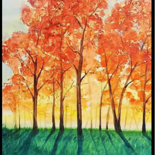 A painting of autumn trees with vibrant orange leaves, casting long shadows on green grass under a colorful sky.