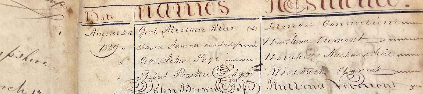 A handwritten document showing names and residences from August 2nd, 1839, including places like Lebanon, Hartford, and Rutland.