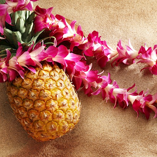 A pineapple with a pink and white flower lei draped over it, resting on a textured beige surface.