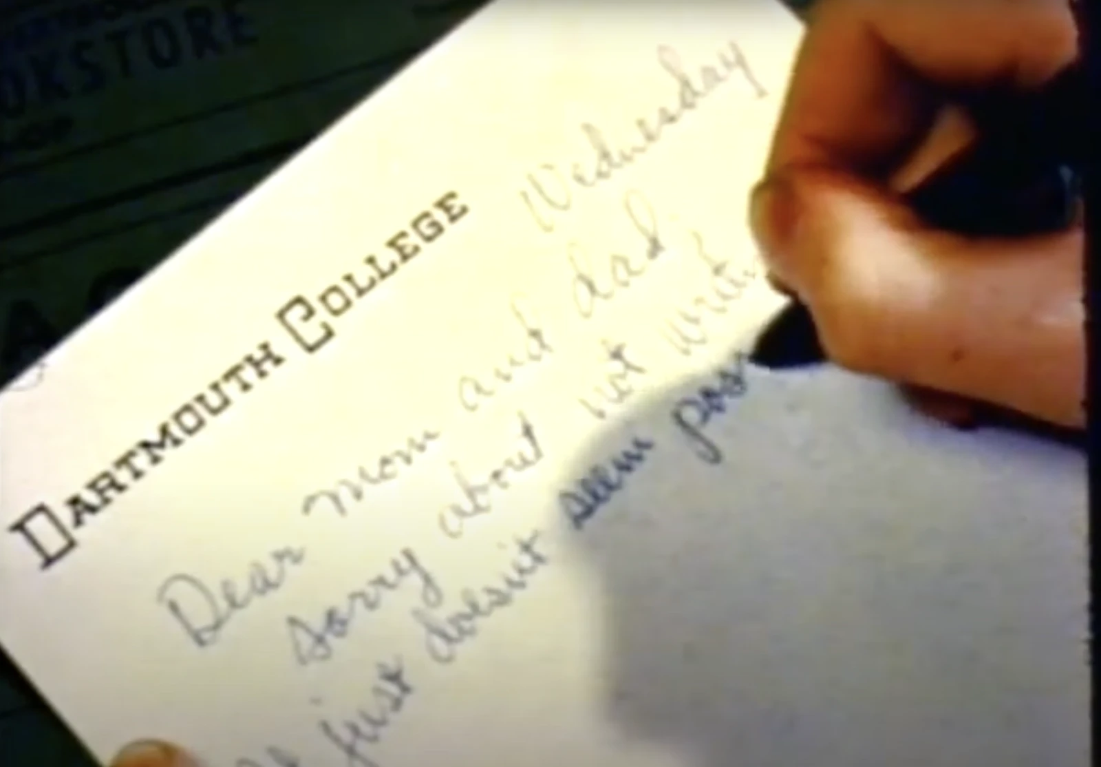 A handwritten letter on Dartmouth College stationery begins with an apology, addressed to "Mom and Dad."