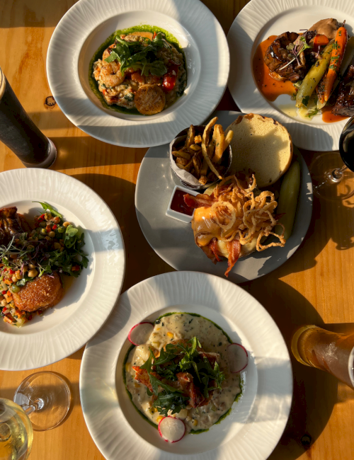 A variety of plated gourmet dishes, including salads, a burger with fries, and a dark beverage, on a wooden table with glasses of drinks.
