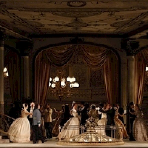 An elegant ballroom scene with people in 19th-century attire dancing under ornate chandeliers, surrounded by lavish drapery and decor.