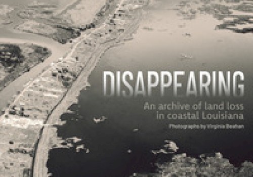 The image shows a promotional poster for an exhibit on land loss in coastal Louisiana, titled 
