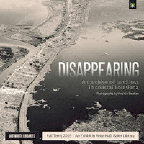 The image shows a promotional poster for an exhibit on land loss in coastal Louisiana, titled 