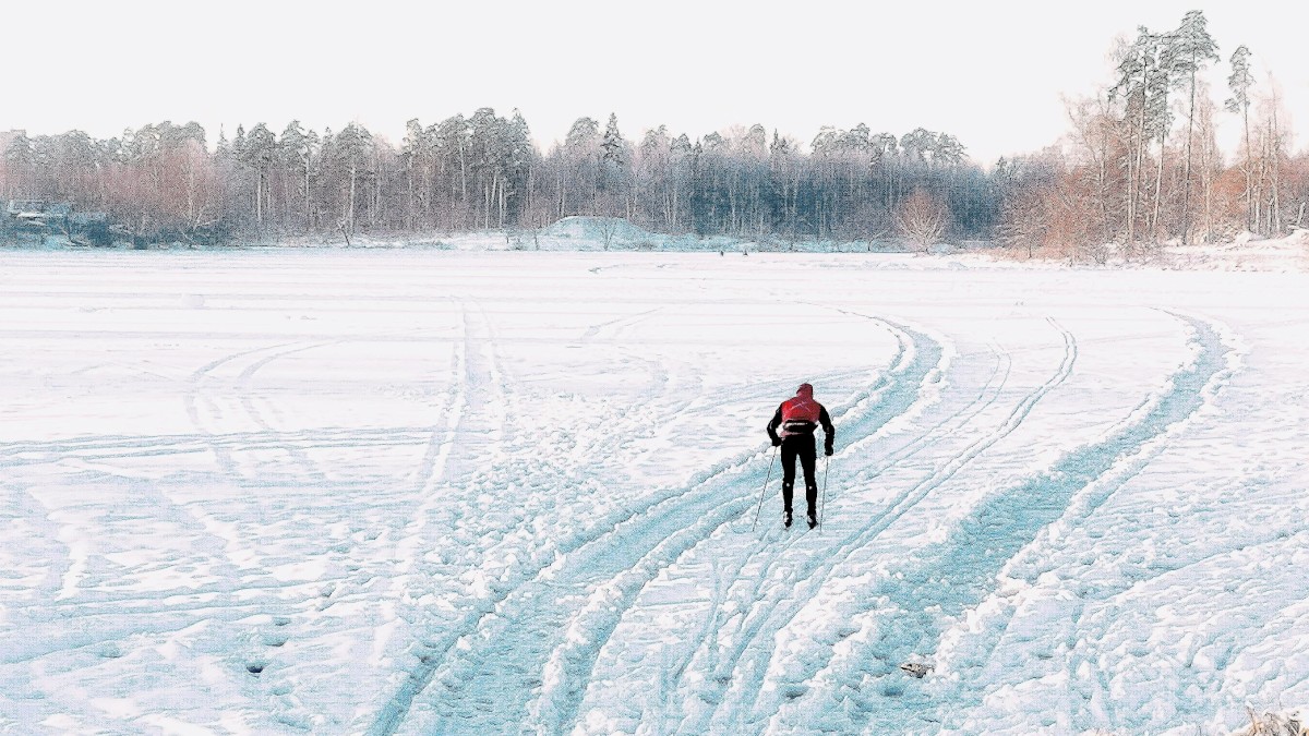 A person in a red jacket walks on a snow-covered field with ski tracks and distant trees under a pale winter sky.