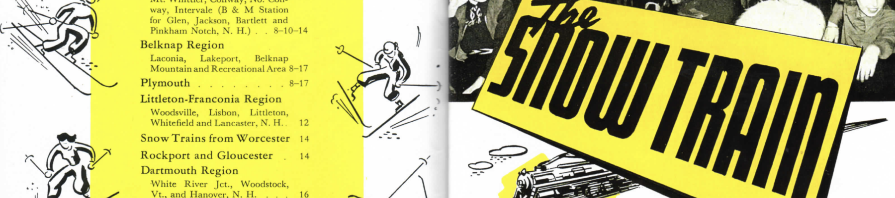 A retro collage: a yellow “The Snow Train” sign, vintage clockwork imagery, tiny route listings, and a black‑and‑white crowd scene.