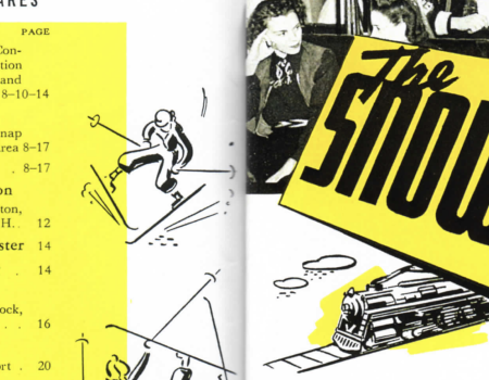 A retro collage: a yellow “The Snow Train” sign, vintage clockwork imagery, tiny route listings, and a black‑and‑white crowd scene.