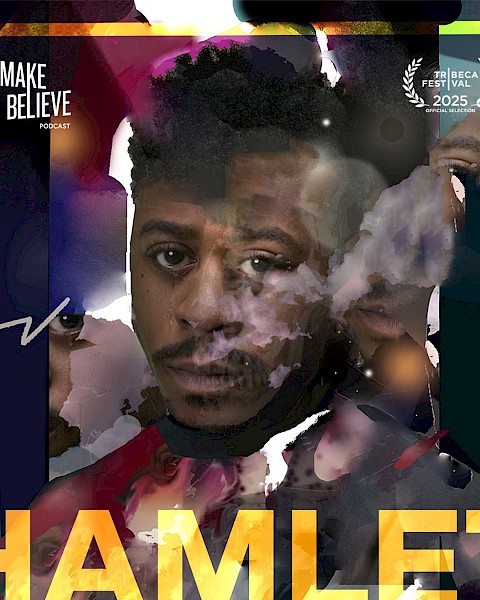 The image features a digital, abstract portrait of a man with overlaid text including 