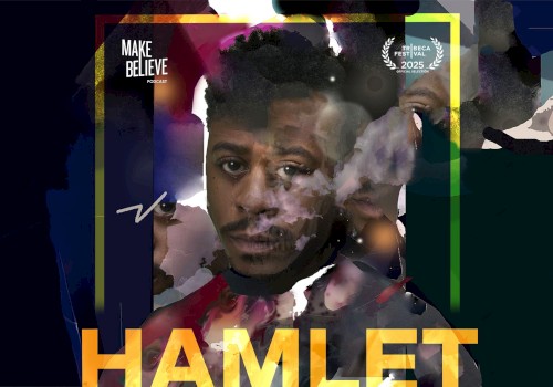 The image features a digital, abstract portrait of a man with overlaid text including 