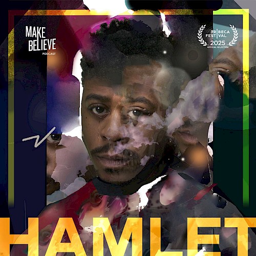 The image features a digital, abstract portrait of a man with overlaid text including 