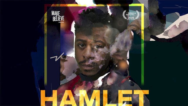 The image features a digital, abstract portrait of a man with overlaid text including 