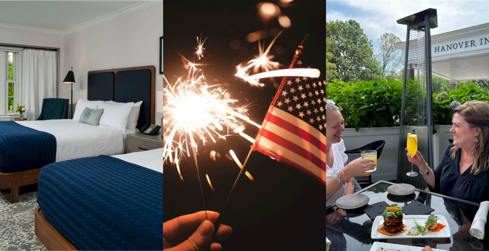 This image shows a hotel room, sparklers at a celebration, and friends dining outdoors with drinks and a fancy meal.