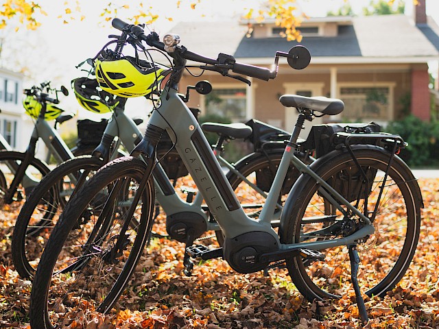 Electric bikes parked outside on a leaf-covered ground during autumn with trees and houses visible in the background.